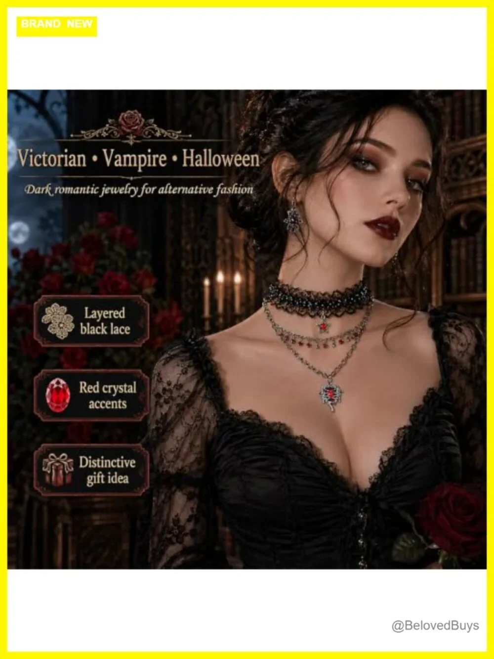 Gothic Black Lace Choker Necklace with Red Dripping Heart Pendant Layered Chain